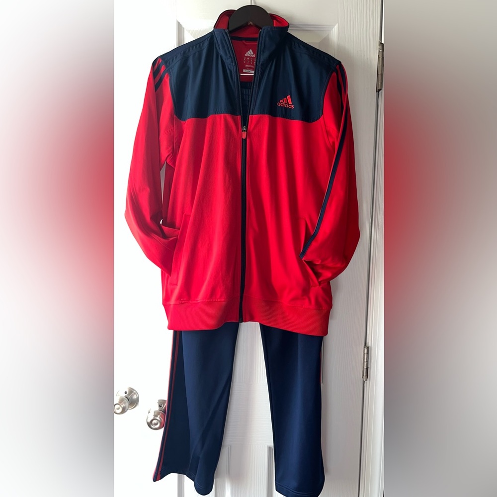 Adidas Men’s Tracksuit Set Medium Red Navy Athletic Jacket & Pants 3 Stripe